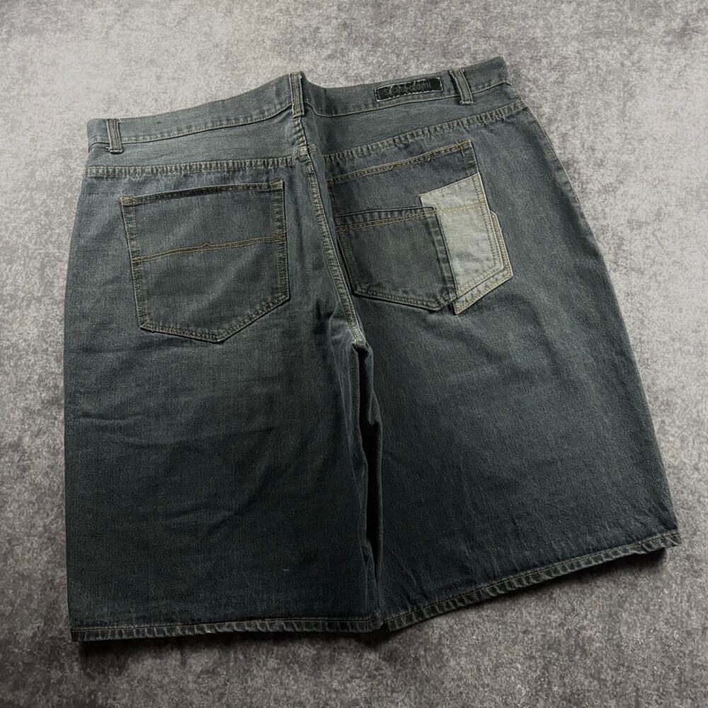 Vintage Sacred Crown Men’s 52 Charcoal Patchwork Denim Jorts Baggy Wide Leg Y2K
